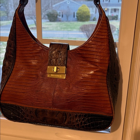 Brahmin Maggie Two Tone Brown Croc-Embossed Leather Hobo With Brass Hardware - Picture 12 of 17